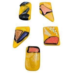 Set of 5 Dichroic Glass Cabochons – Bright Yellow & Iridescent Abstract Art